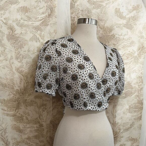 Forever 21 Zodiac Celestial Sun Star Moon Chiffon Wrap Bell Top Blouse S - Picture 2 of 7